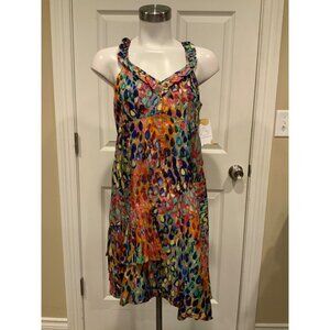 Nanette Lepore Multicolor Peacock V-Neck Dress W/ Pleated Ruffles, Size 10